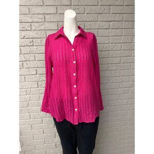 Chico’s Women Textured Magenta Rolled Tab Sleeve Sheer Shirt Size 1